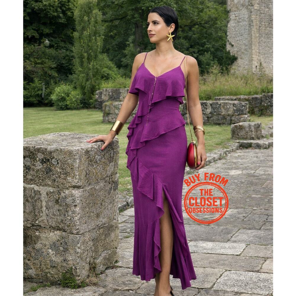 ZARA Purple Linen Blend Ruffle Midi Dress NWT Wedding Guest Resort - Picture 3 of 16